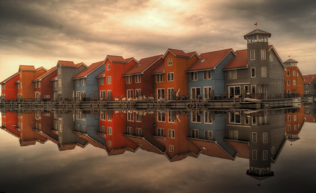 row houses, serial houses, houses, reflection, architecture, homes, residential, residential area, dutch, waterfront, apartments, reitdiephaven, groningen, netherlands, water reflection, mirroring, mirror image, groningen, groningen, netherlands, netherlands, netherlands, netherlands, netherlands